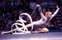 Marina Lobach during and expressive ribbon routine